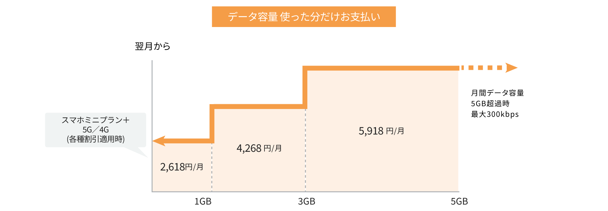 データの利用量に応じて自動的に料金が3段階で変動。(~1GB: 2,618円/月、~3GB: 4,268円/月、~5GB: 5,918円/月)