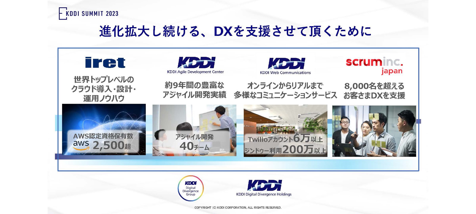 進化拡大し続ける、DXを支援させて頂くために「iret」世界トップレベルのクラウド導入・設計・運用ノウハウ、AWS認定資格保有数2,500超「KDDI Agile Development Center」約9年間の豊富なアジャイル開発実績、アジャイル開発40チーム「KDDI Web Communications」オンラインからリアルまで多様なコミュニケーションサービス、Twilloアカウント6万以上ジンドゥー利用200万以上「scrum inc. japan」8,000名を超えるお客さまDXを支援