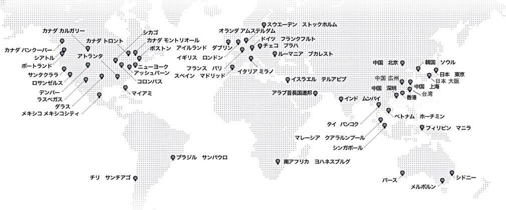 グローバルな分散エッジプラットフォームのネットワーク構成を示しており、世界各地のPoP (ポイント・オブ・プレゼンス) とネットワークセキュリティ機能を提供する拠点の一覧が描かれている。日本国内の東京と大阪を含め、北米、ヨーロッパ、アジア、南米など多地域にわたるPoPの位置が示されている
