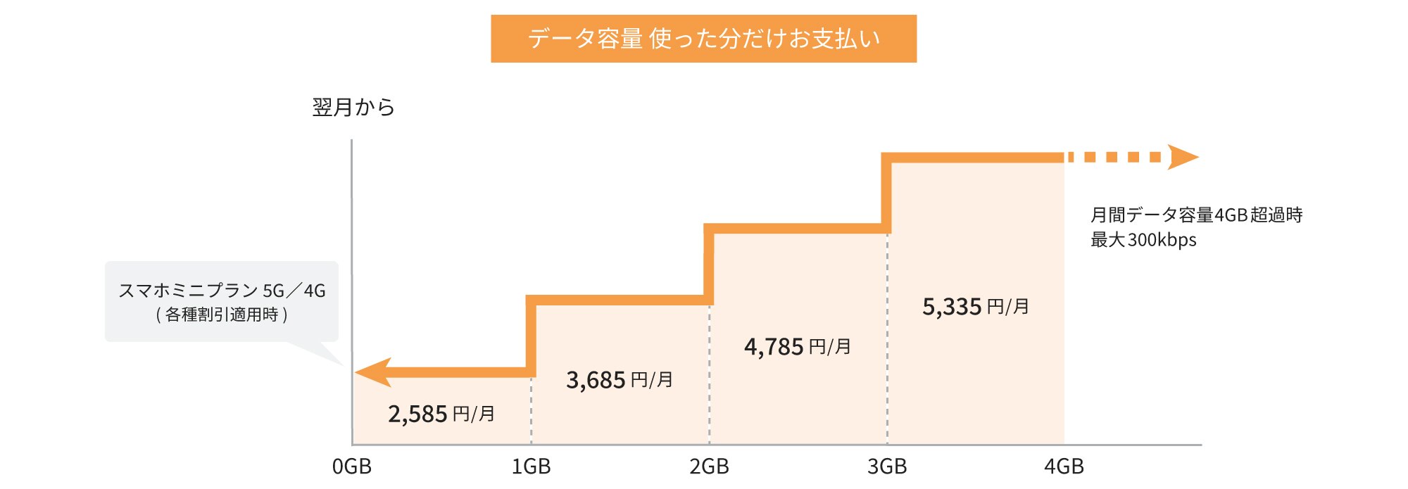 データの利用量に応じて自動的に料金が4段階で変動。(~1GB:2,585円/月、~2GB:3,685円/月、~3GB:4,785円/月、~4GB:5,335円/月)