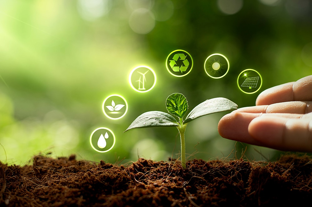 新しい芽が土の中から伸びており、その周囲には環境に関連するアイコン(風力発電、リサイクル、太陽光発電、水など)が浮かんでいる。手が芽に向かって伸びている。背景はぼかされた緑色の自然環境。